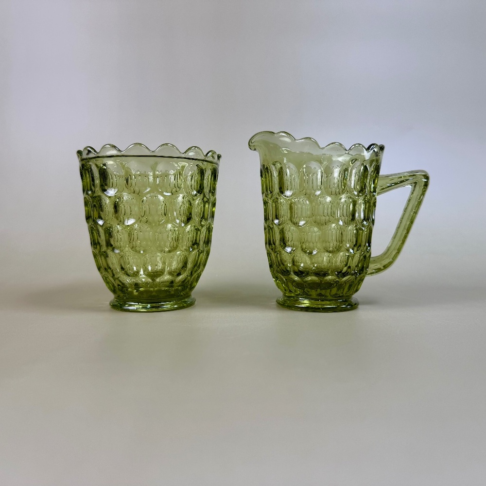 UV Reactive Fenton Green Thumbprint Glass Creamer & Sugar Bowl Set - Picture 5 of 16